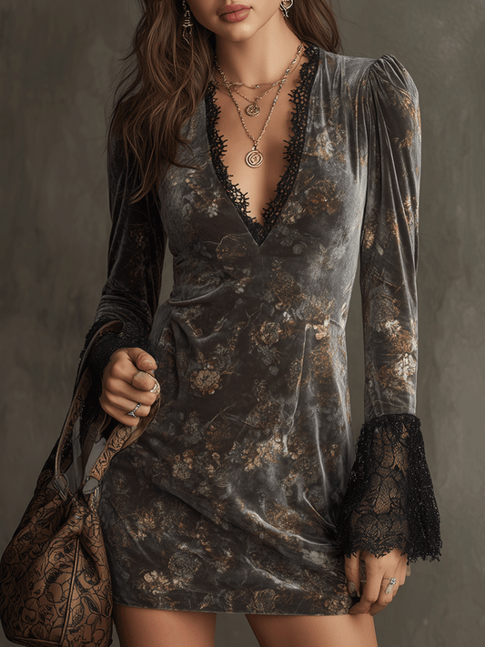 Floral Velvet Lace Trim Mini Dress