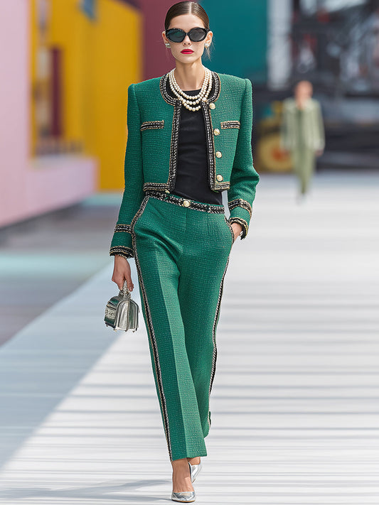 Elegant And Exquisite Green Tweed Short Jacket And Trousers Set