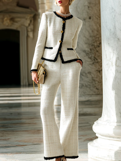 Elegant Classic Hemming Off-white Tweed Jacket And Wide-leg Pants Set