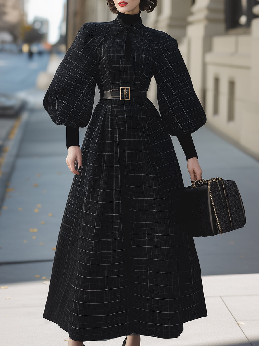 Elegant Wool-blend Black Plaid Belted Maxi Dress