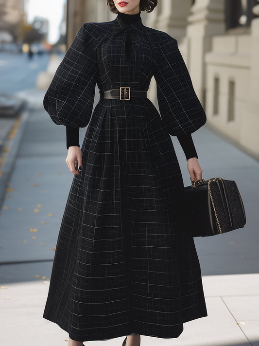 Elegant Wool-blend Black Plaid Belted Maxi Dress