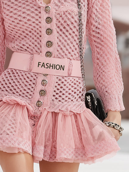 Elegant And Fashionable Button-decorated Pink Hollow Knitted Long-sleeved Mini Dress