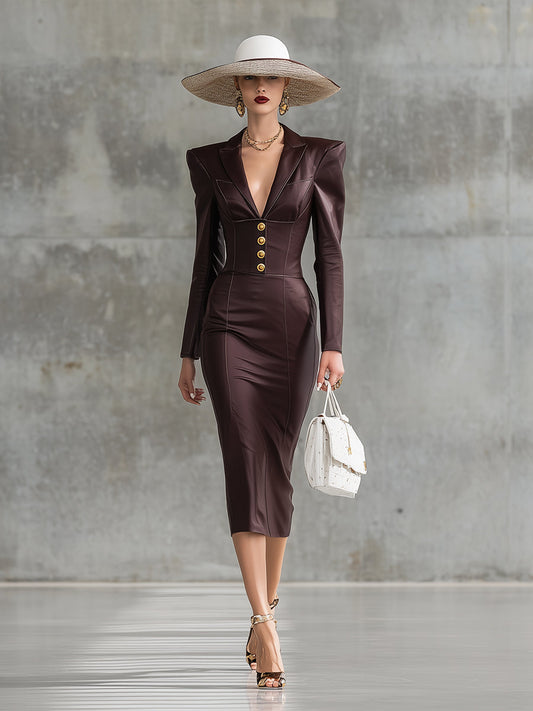 Angora  Imitation Leather Suit Collar Button Midi Dress