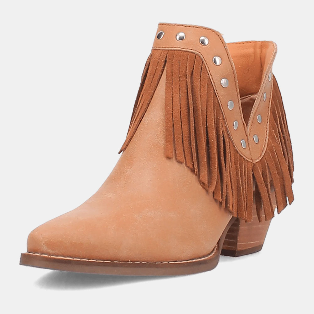 Fashion Brown Snip Toe Studded V-Cut Chunky Heel Fringe Booties