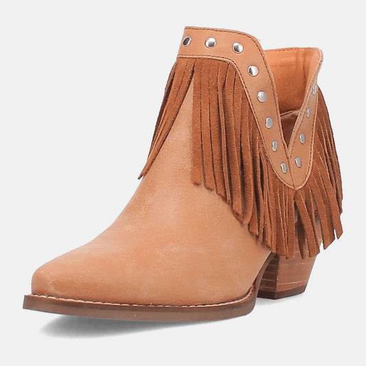 Fashion Brown Snip Toe Studded V-Cut Chunky Heel Fringe Booties