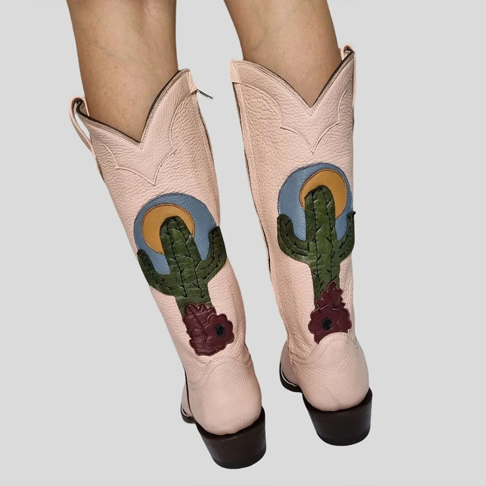 Faux Leather Snip Toe Block Heel Light Pink Cowgirl Boots for Women