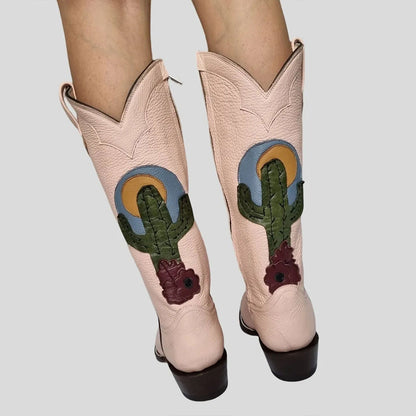 Faux Leather Snip Toe Block Heel Light Pink Cowgirl Boots for Women
