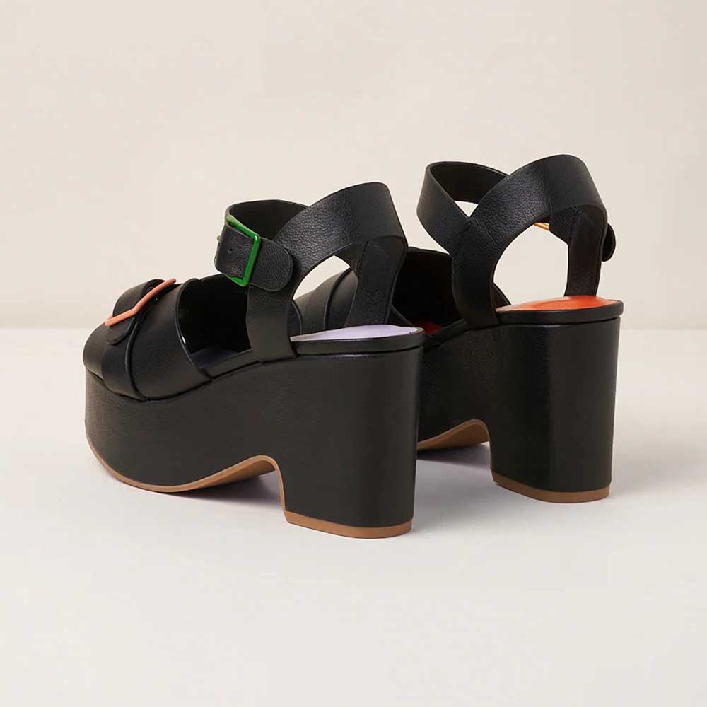 Ankle Strap Buckle Open Toe Block Heel Black Platform Sandals