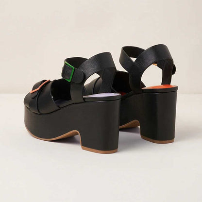 Ankle Strap Buckle Open Toe Block Heel Black Platform Sandals