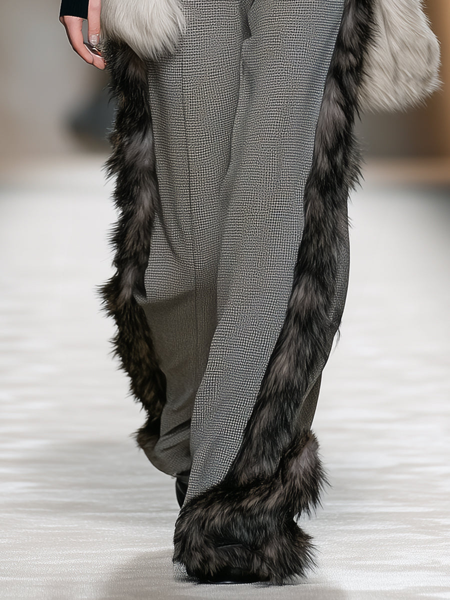 Fashionable Luxe Faux Fur Trim Gray Plaid Pants