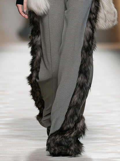 Fashionable Luxe Faux Fur Trim Gray Plaid Pants