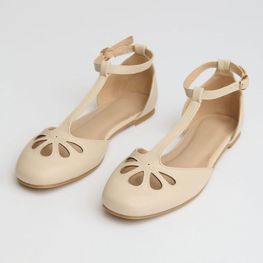 Faux Leather Round Toe Buckle T-Strap Beige Flat Shoes for Women