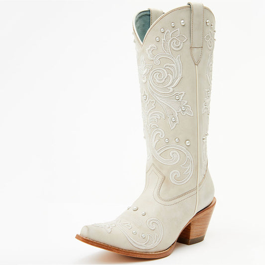 Beige Snip Toe Chunky Heel Embroidery Mid-Calf Cowboy Boots