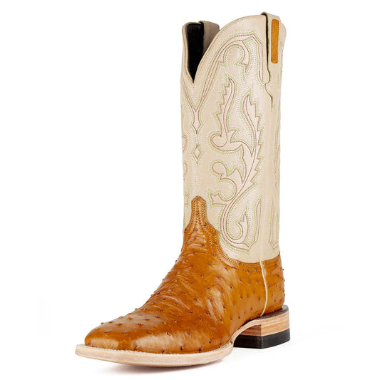 Beige & Tan Ostrich Embossed Mid-Calf Embroidered Cowgirl Boots