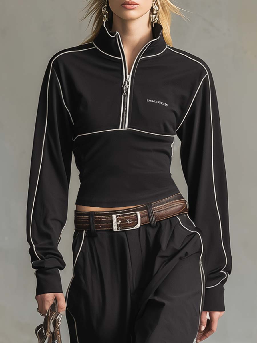 Exquisite And Fashionable Black Sports Cotton Front Zipper White Piping Top And Pants Set