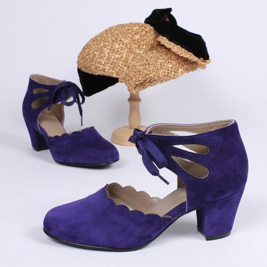 Faux Suede Block Heel Ankle Strap Lace-Up Purple Pumps for Women