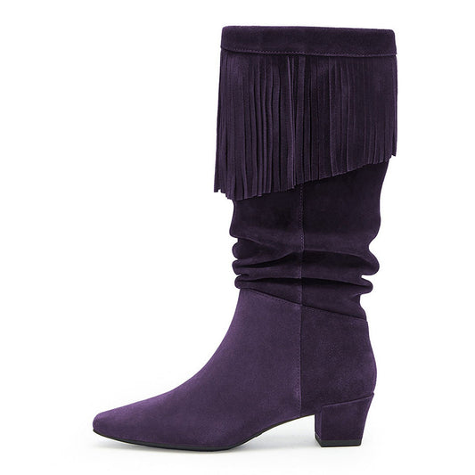 Dark Purple Vegan Suede Block Heel Slouch Square Toe Boots Women