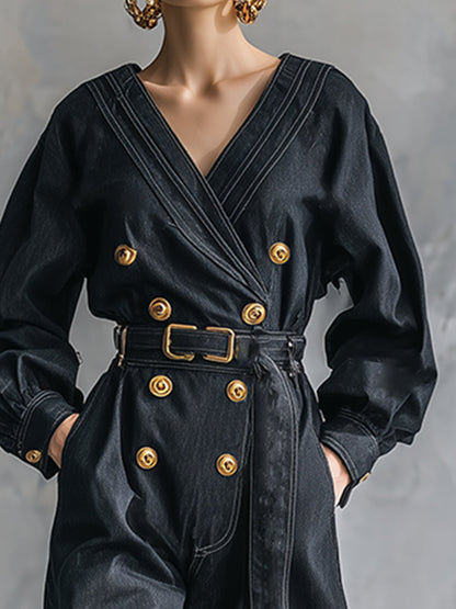 Elegant And Fashionable V-neck Button Belt Black Faux Denim Long-sleeved Jumpsuit