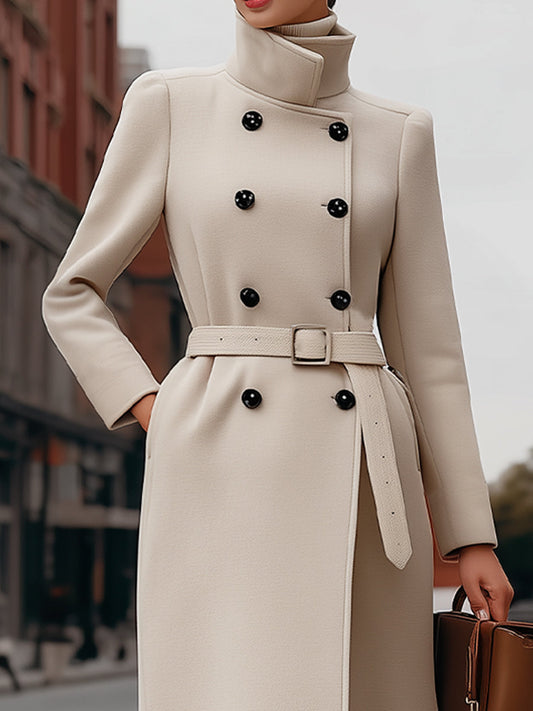 Elegant Beige Double - Breasted Belted Coat