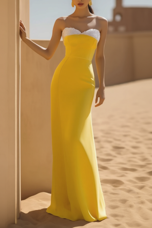 Formal Evening Dress Yellow Strapless Floor-Length Dress