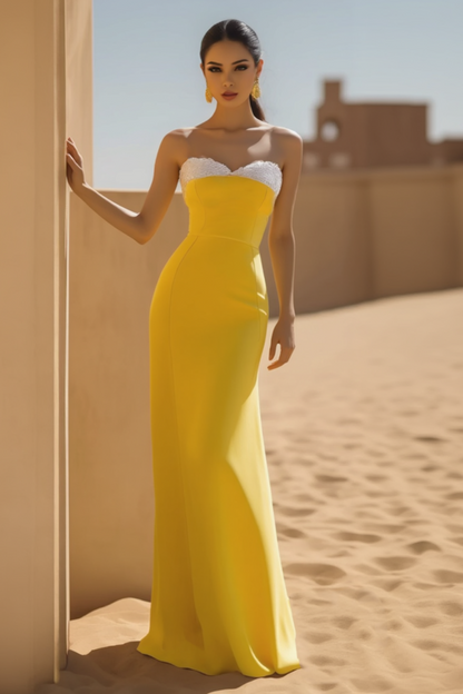 Formal Evening Dress Yellow Strapless Floor-Length Dress