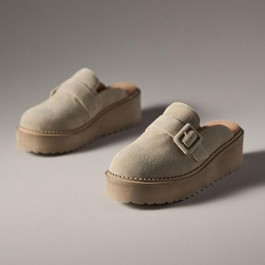 Beige Closed Round Toe Buckled Strap Platform Shoes for Women
