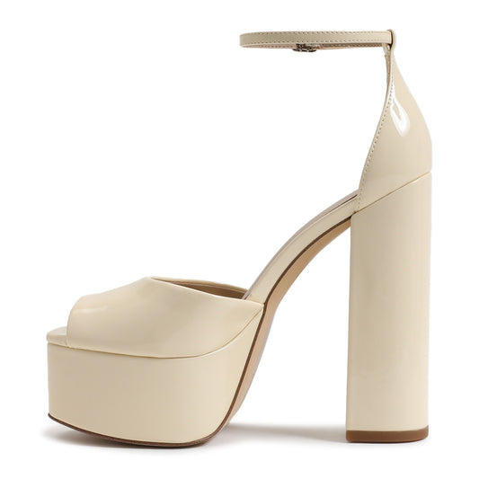 Beige Square Toe Ankle Strap Platform Heeled Sandals with Buckle