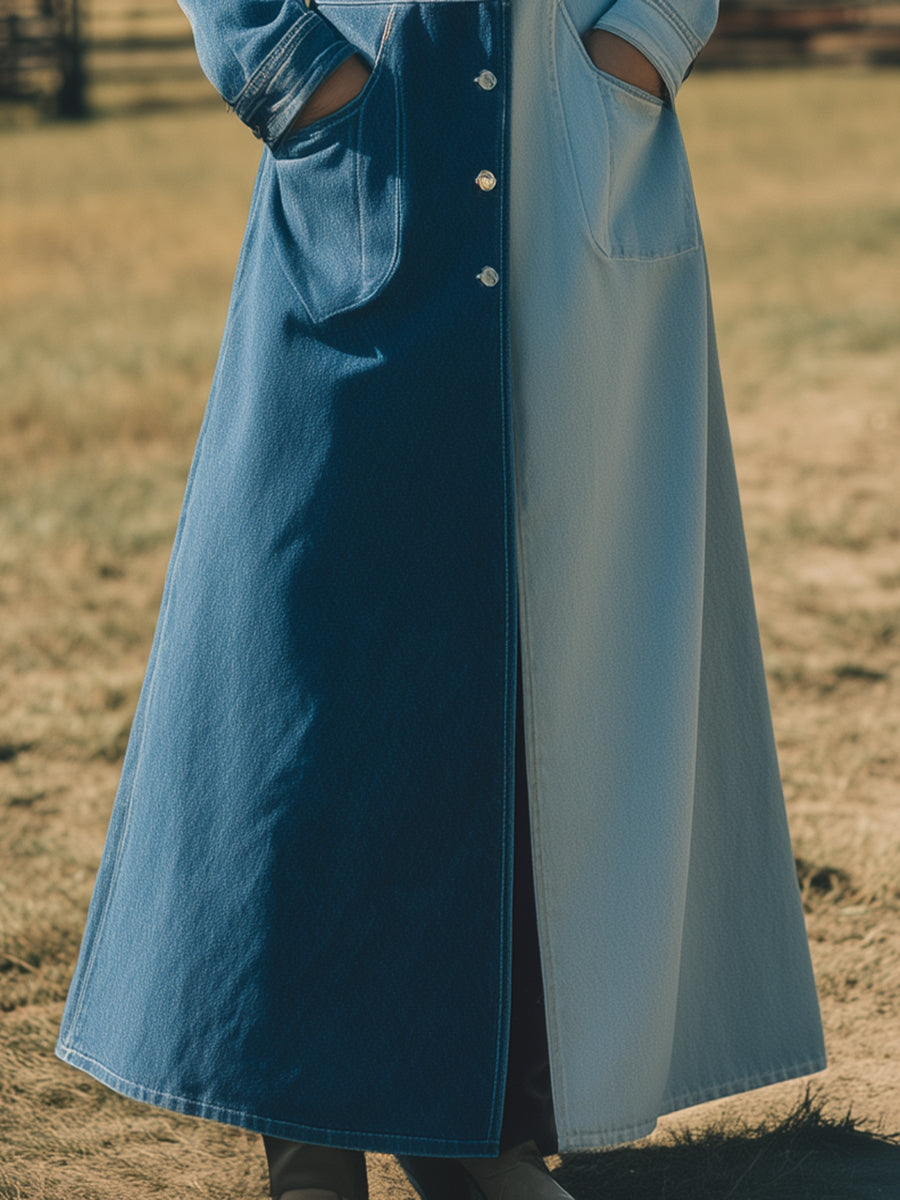 Fashionable Dark And Light Blue Colorblock Denim Long Trench Coat