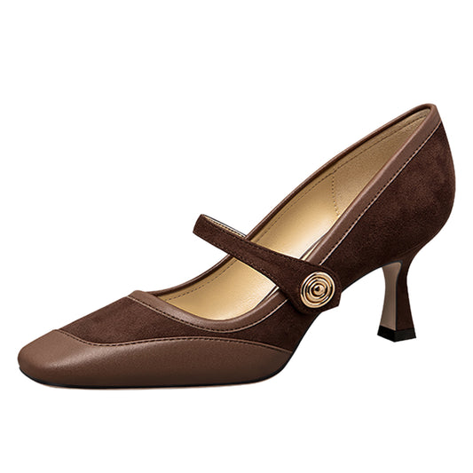 Elegant Brown Square Toe Patchwork Kitten Heel Mary Jane Pumps