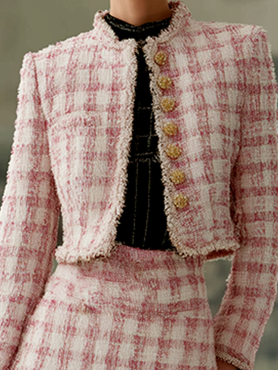 Exquisite And Gentle Pink Plaid Tweed Jacket And Skirt Set