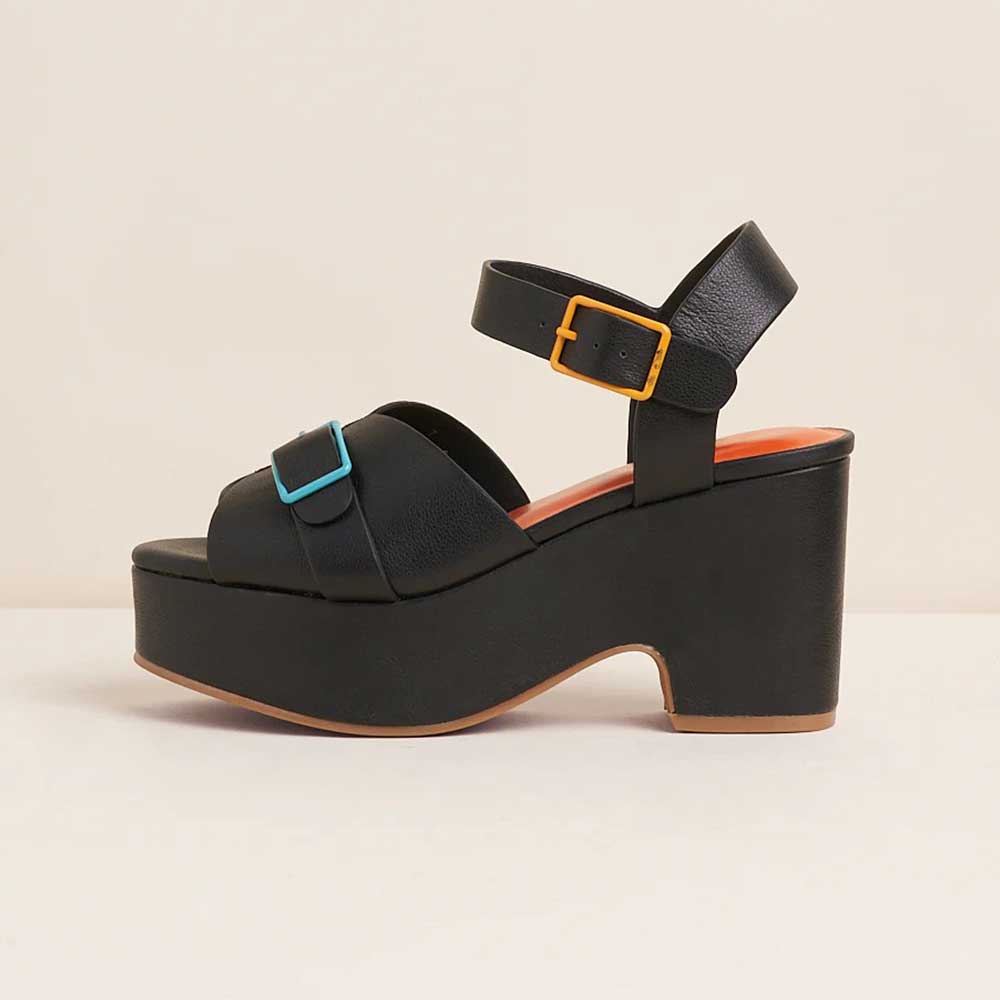 Ankle Strap Buckle Open Toe Block Heel Black Platform Sandals