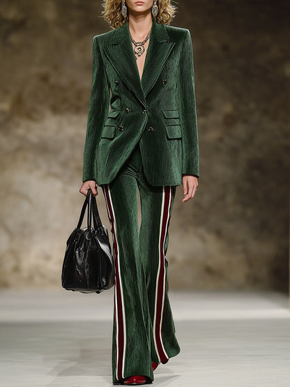 Fashion Retro Dark Green Corduroy Blazer Webbing Flared Pants Suit