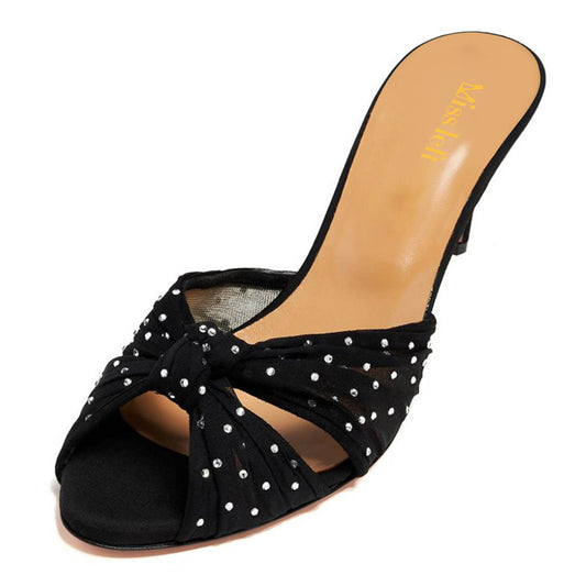Fashion Rhinestone Peep Toe Black Mule Heels for Women