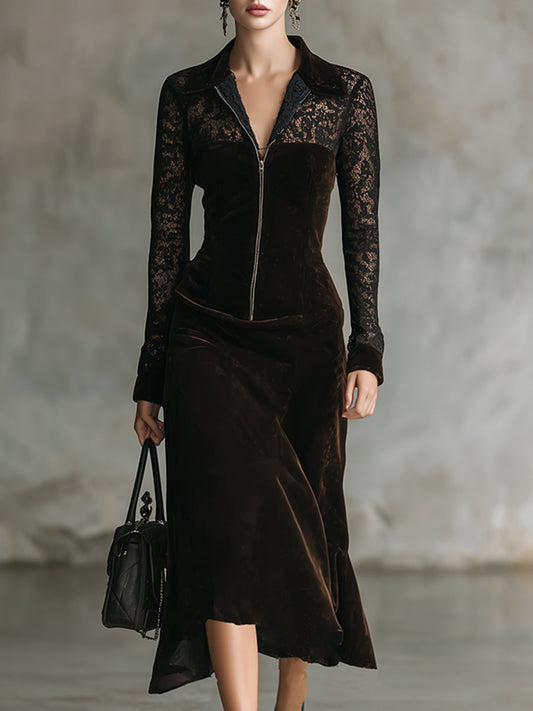 Elegant Retro Dark Brown Velvet Stitching Lace Long-sleeved Maxi Dress