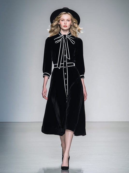 Elegant And Romantic White Hemmed Bow Black Velvet Midi Dress