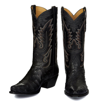 Fashion Ostrich Embossed Snip Toe Embroidered Cowgirl Boots in Black