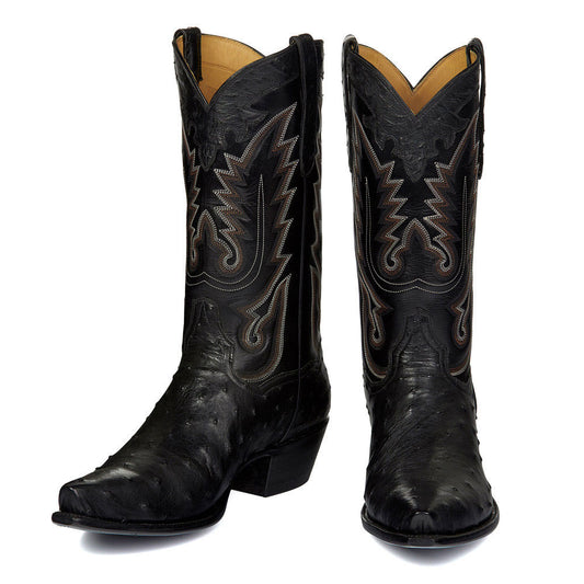 Fashion Ostrich Embossed Snip Toe Embroidered Cowgirl Boots in Black