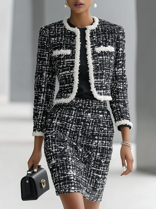 Elegant Tweed Round Neck Jacket And Skirt Set