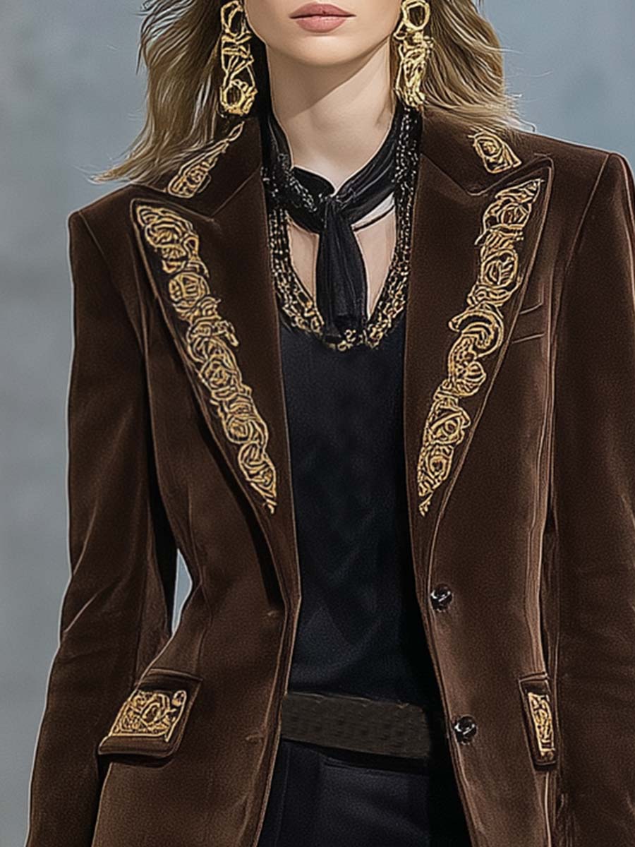 Exquisite Retro Peaked Lapel With Gold Embroidery And Brown Faux Suede X-shaped Blazer