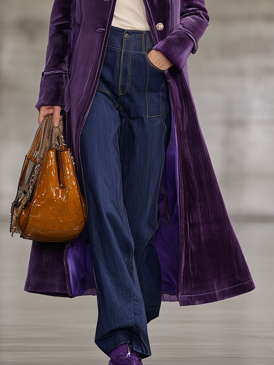 Fashion Retro Purple Corduroy Faux Fur Collar Long Coat