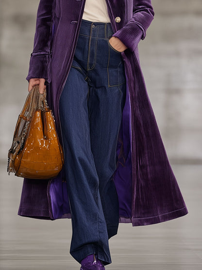 Fashion Retro Purple Corduroy Faux Fur Collar Long Coat