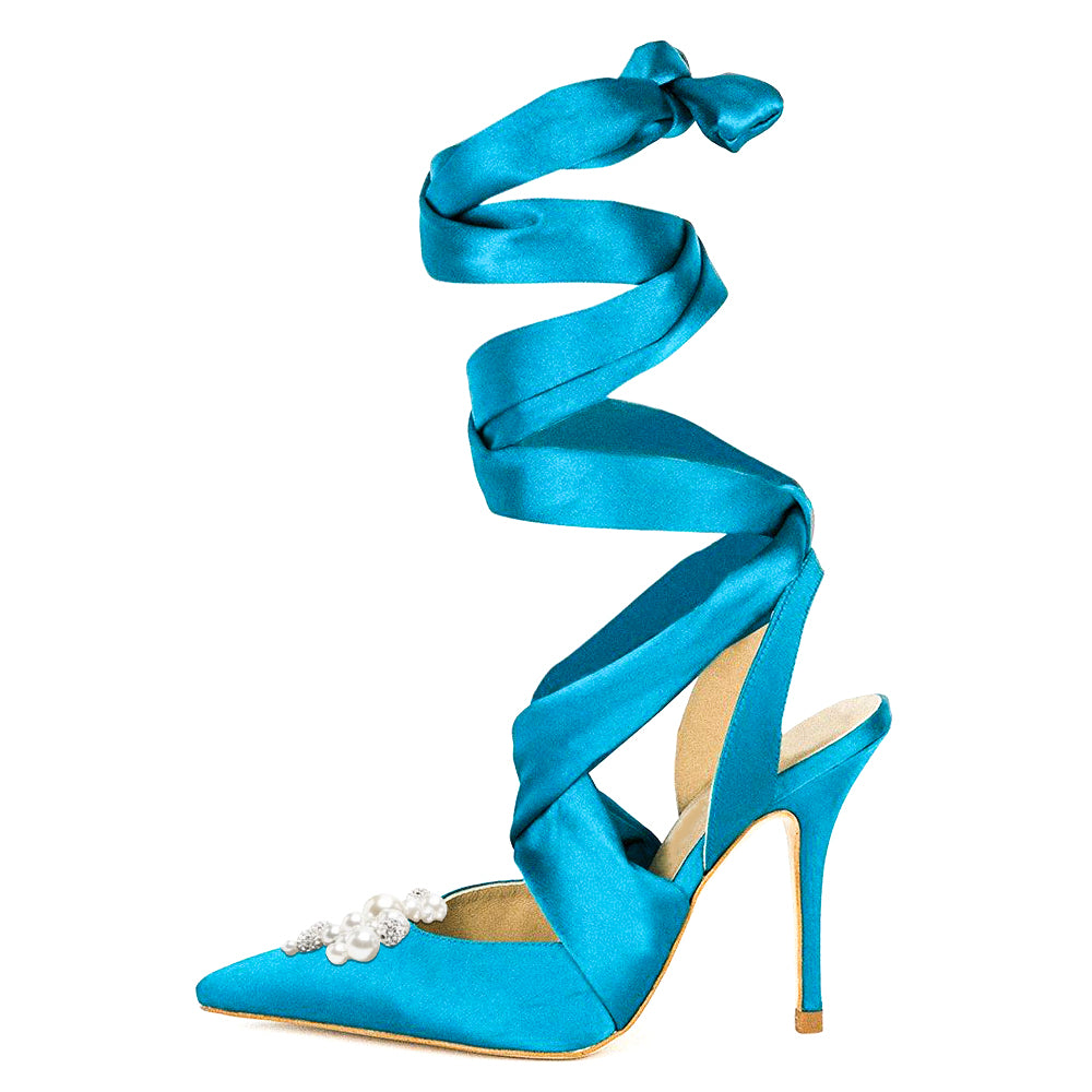 Elegant Pointed Toe Prom Heels Pearl Bow Decorated Lace Up Blue Pumps