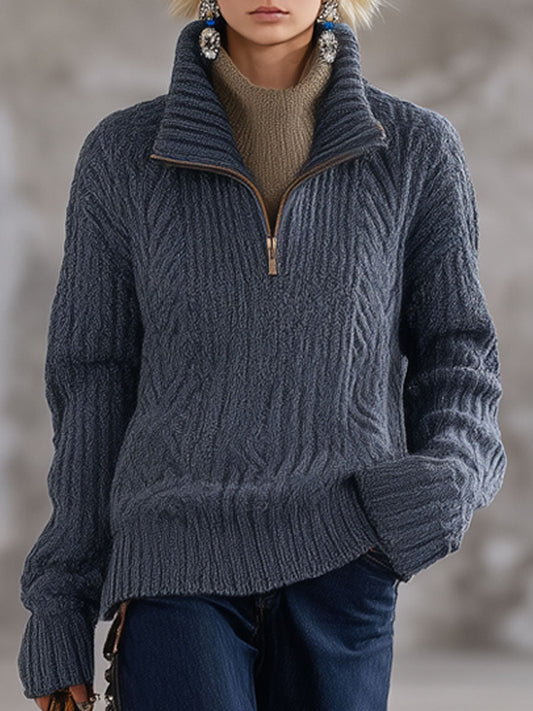 Fashion Retro Gray-Blue Knitted Cable Half-Zip Pullover