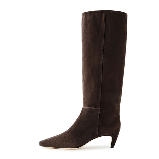 Dark Brown Square Toe Pull-On Knee-High Long Boots with Kitten Heel