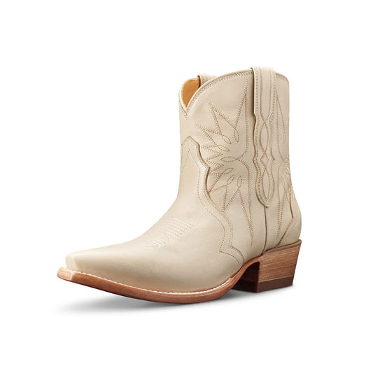Beige Block Heel Embroidered Wing Short Snip Toe Cowgirl Boots