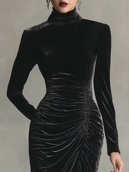 Elegant Stand-up Collar Long-sleeved Pleated Velvet Dress
