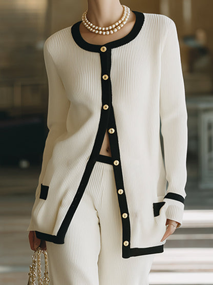 Elegant Classic Hemmed White Knitted Cardigan Wide-leg Pants Set