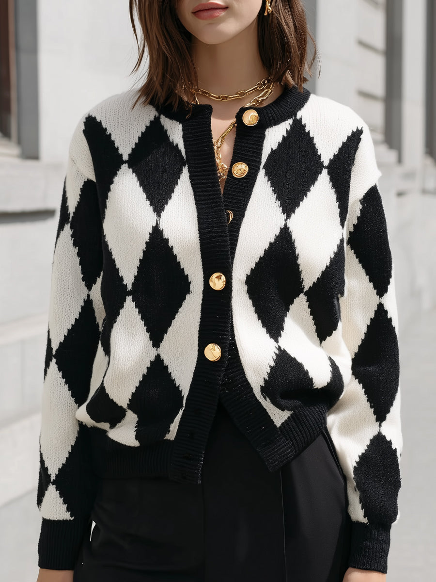 Argyle Button-Up Knit Cardigan With Gold Detailing