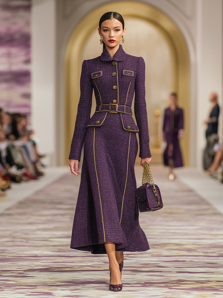 Elegant Purple Tweed And Gold Maxi Dress