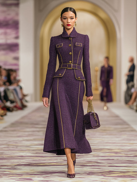 Elegant Purple Tweed And Gold Maxi Dress